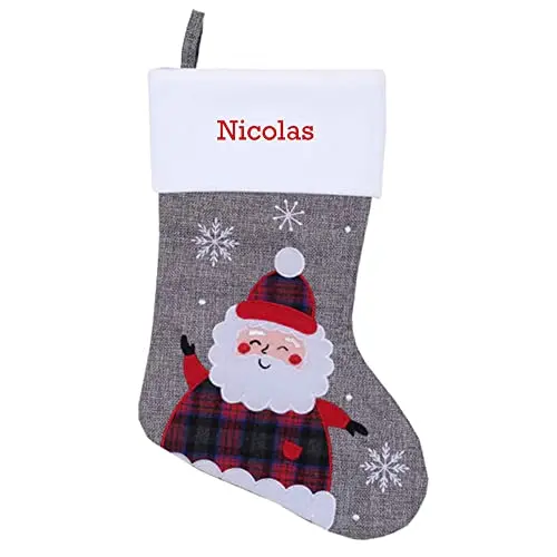 Calza Natalizia Argento Effetto Lino Personalizzata Babbo Natale