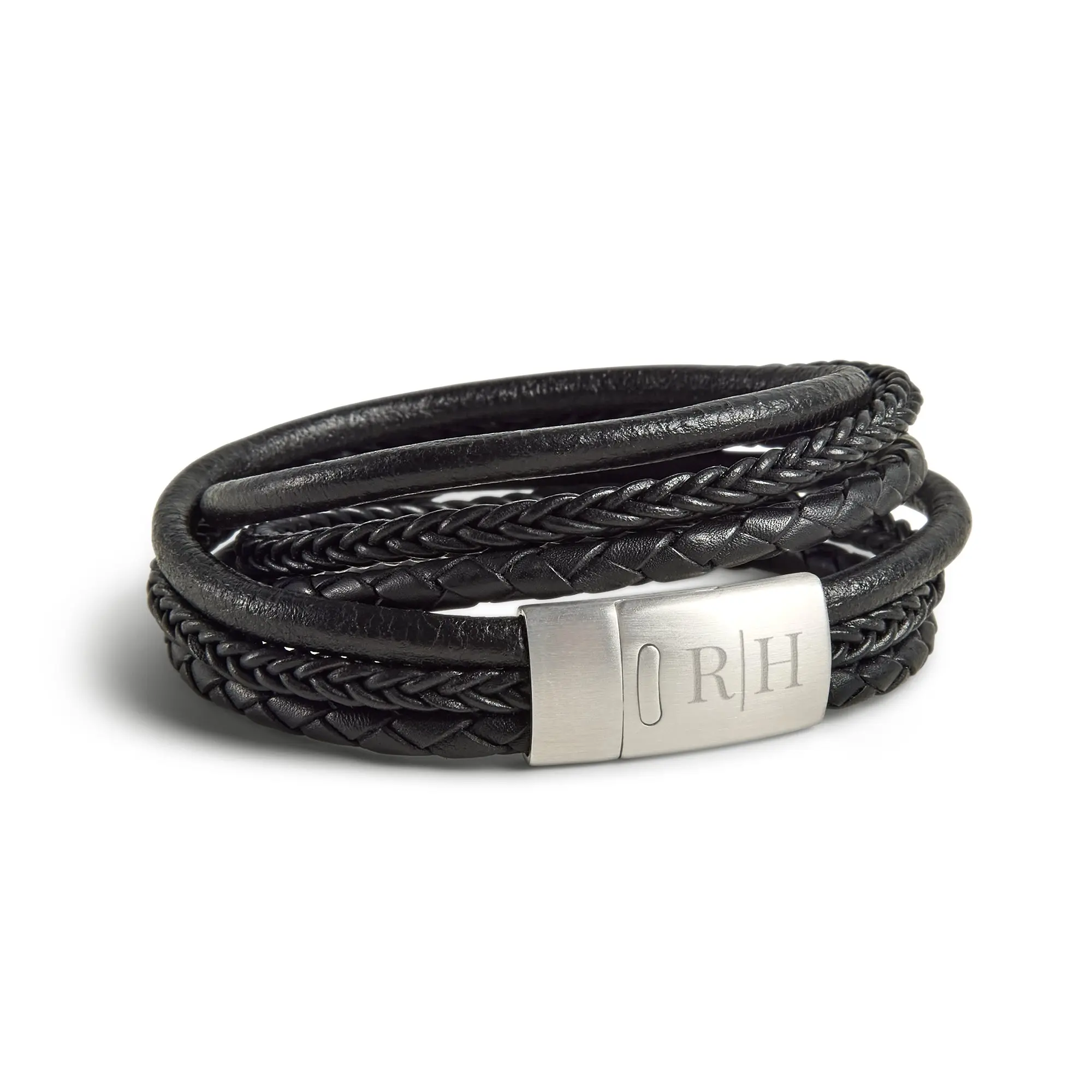 Bracciale Doppio in Pelle Personalizzato - Uomo - Nero - M